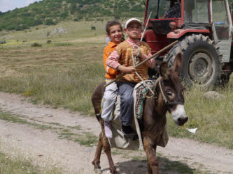 トルコの子供は働き者。ロバにまたがり、棒をたずさえ畑の見回り。キリムで作ったサドルバッグが良いアクセント。